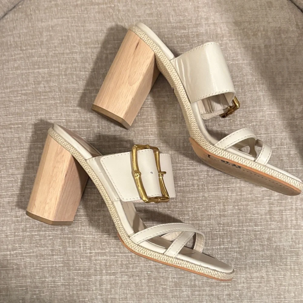 Vince Camuto Cream Block Heel Sandals with Gold Buckle - Picture 5 of 5